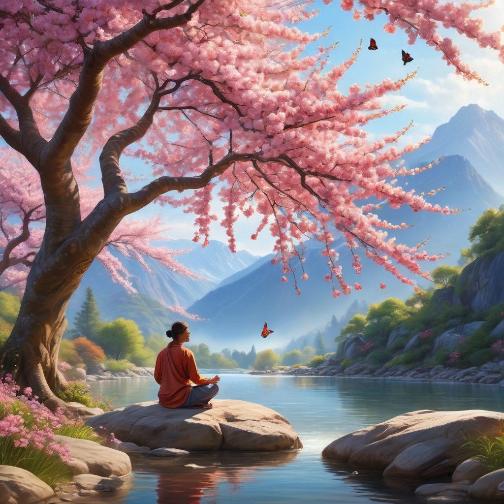 A serene landscape featuring a person meditating under a blooming cherry blossom tree, surrounded by soft rays of sunlight filtering through the leaves. In the background, peaceful mountains and a flowing river symbolize tranquility, while colorful butterflies flutter around, representing positivity and hope. Incorporate warm, vibrant colors to evoke a sense of happiness and well-being. super-realistic. vibrant colors. 3D.