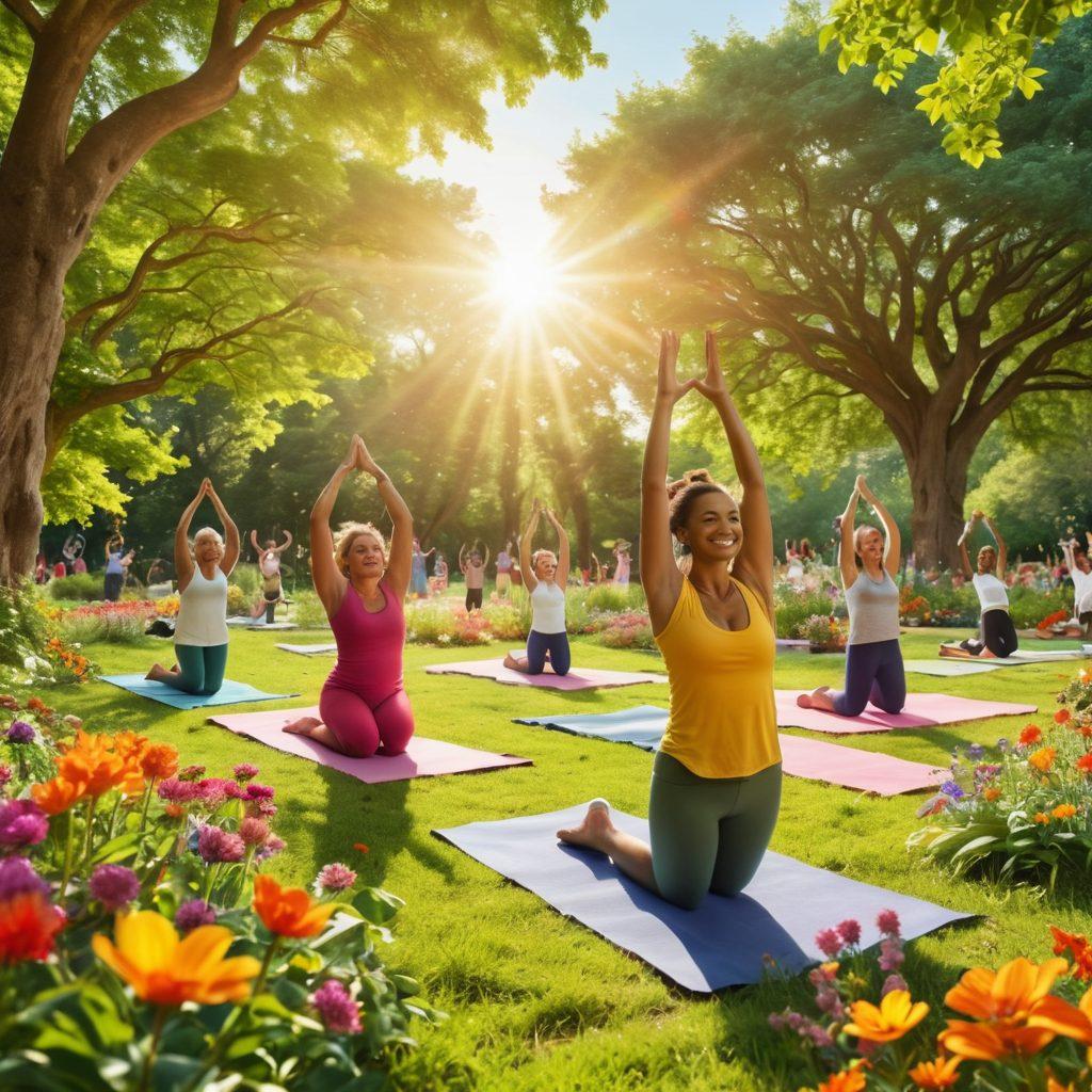 A vibrant scene of a diverse group of people engaged in joyful activities in a lush green park, with colorful flowers and trees surrounding them. They are practicing yoga, sharing laughter, and participating in community gardening, radiating positivity and togetherness. Bright sunshine filtering through the trees enhances the uplifting atmosphere. super-realistic. vibrant colors. natural setting.